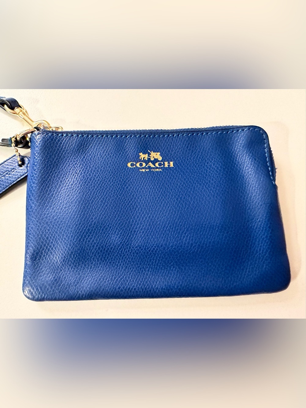 Coach Blue Leather Wristlet with Gold Logo